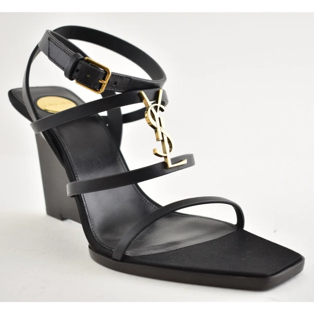 Saint Laurent YSL Logo Cassandra 90 Black Ankle Strap Wedge Sandal Heel 38.5